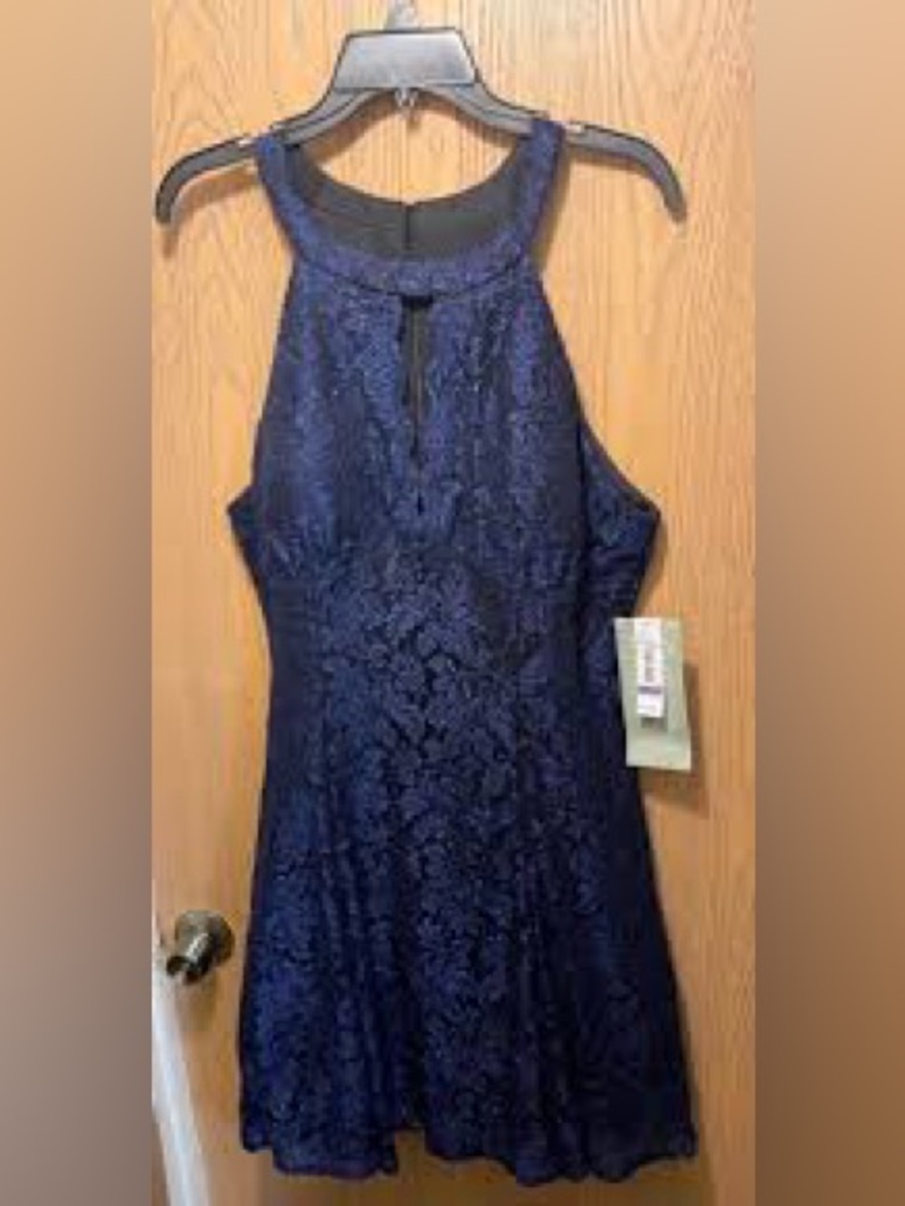 Large Windsor Navy Blue Lace Halter Homcoming Dress - Picture 4 of 4